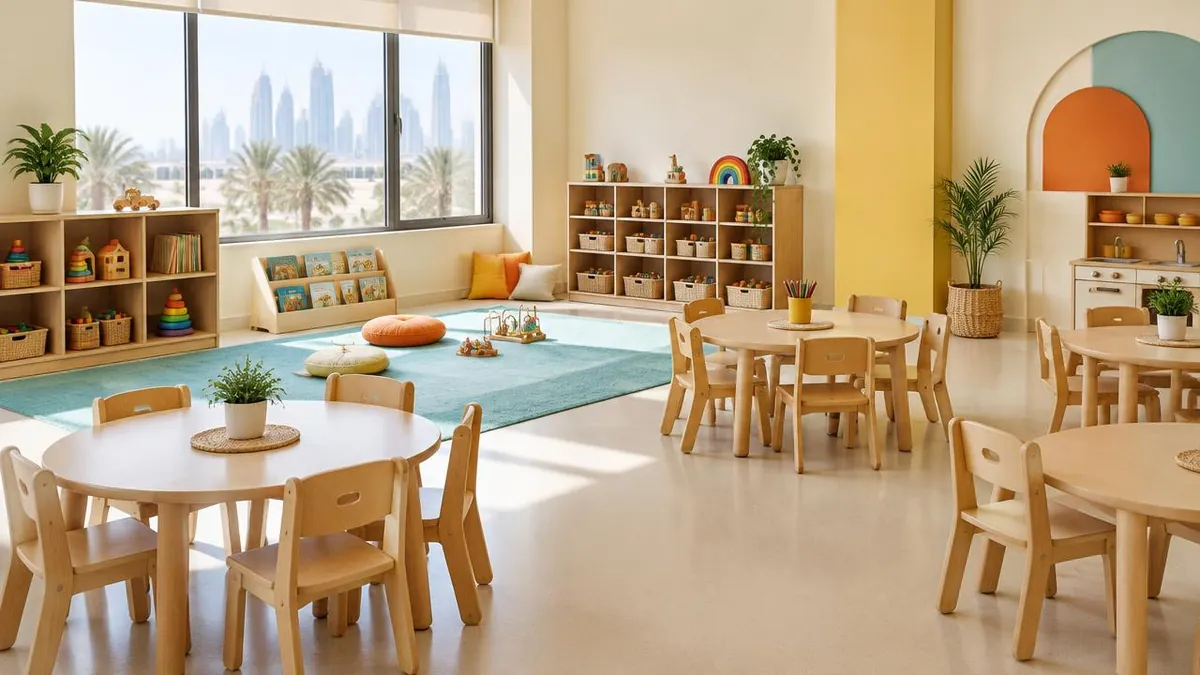 Illustrative image – tidy toddler classroom with small wooden tables and chairs and a turquoise rug