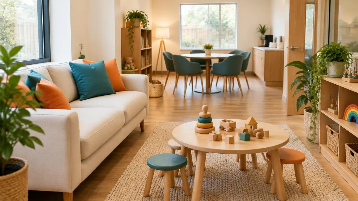 Illustrative image – welcoming parent area with a sofa and a low play table with wooden toys