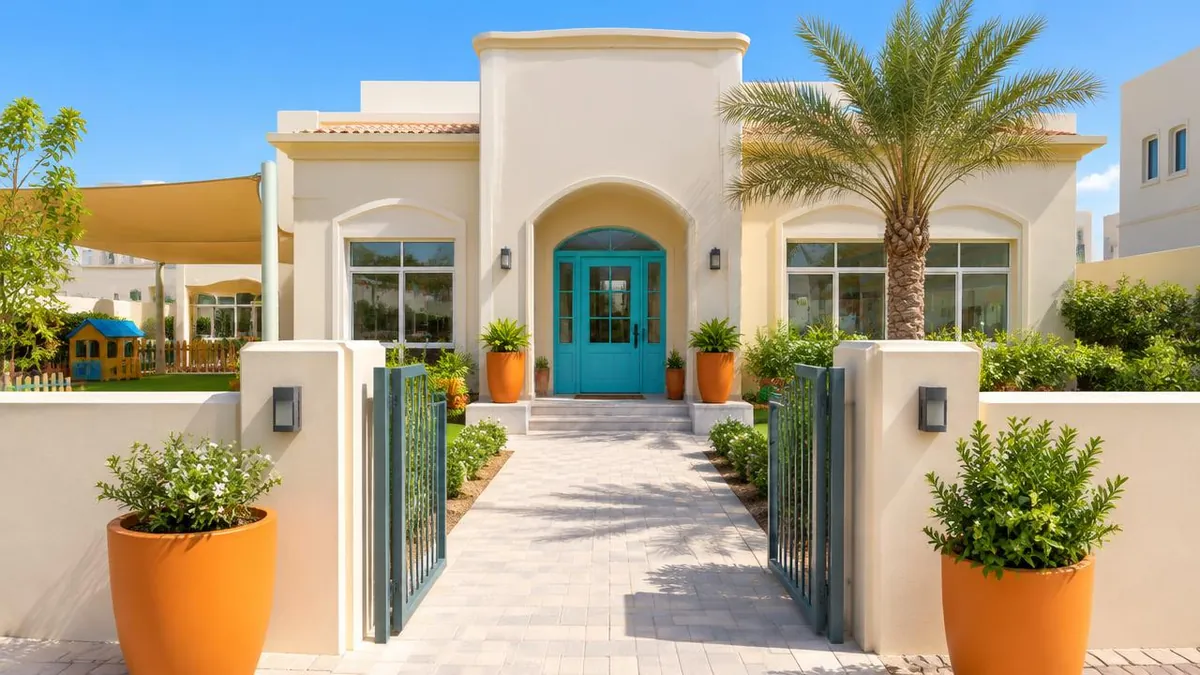 Illustrative image – nursery building entrance with a turquoise door, gate and palm tree