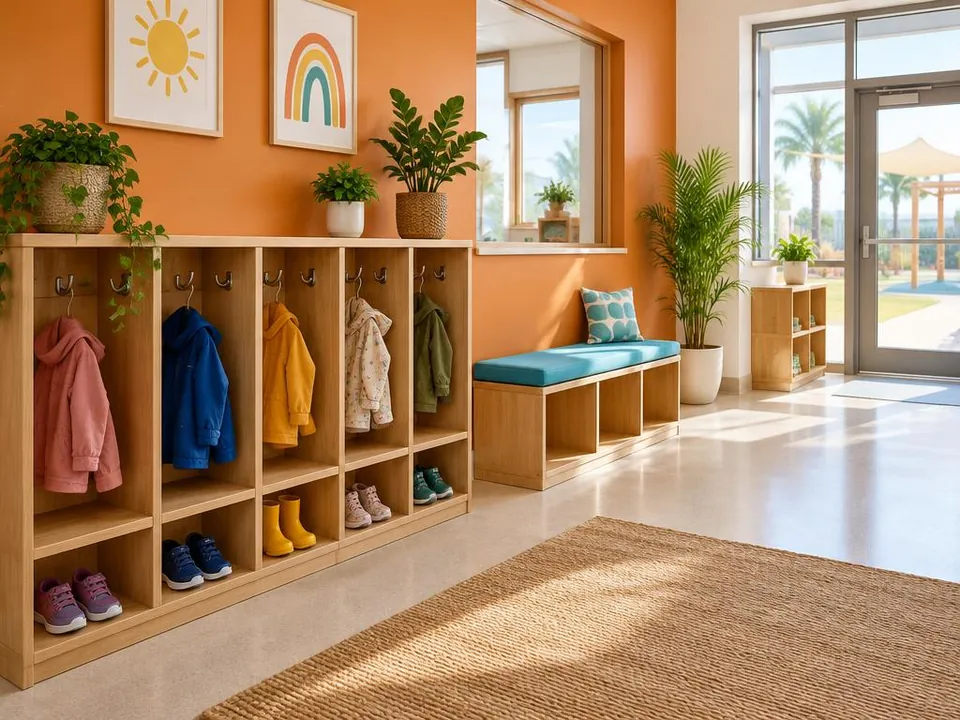 Illustrative image – welcoming entrance with wooden cubbies, coat hooks and small shoes