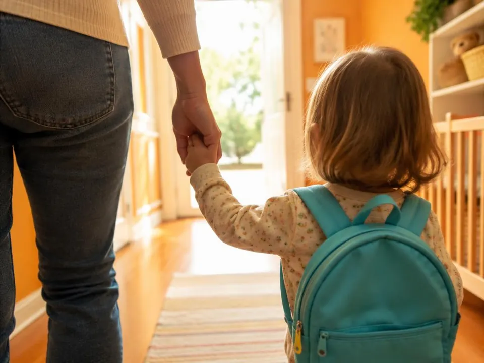 Illustrative image – adult holding a toddler's hand, seen from behind, walking to the door