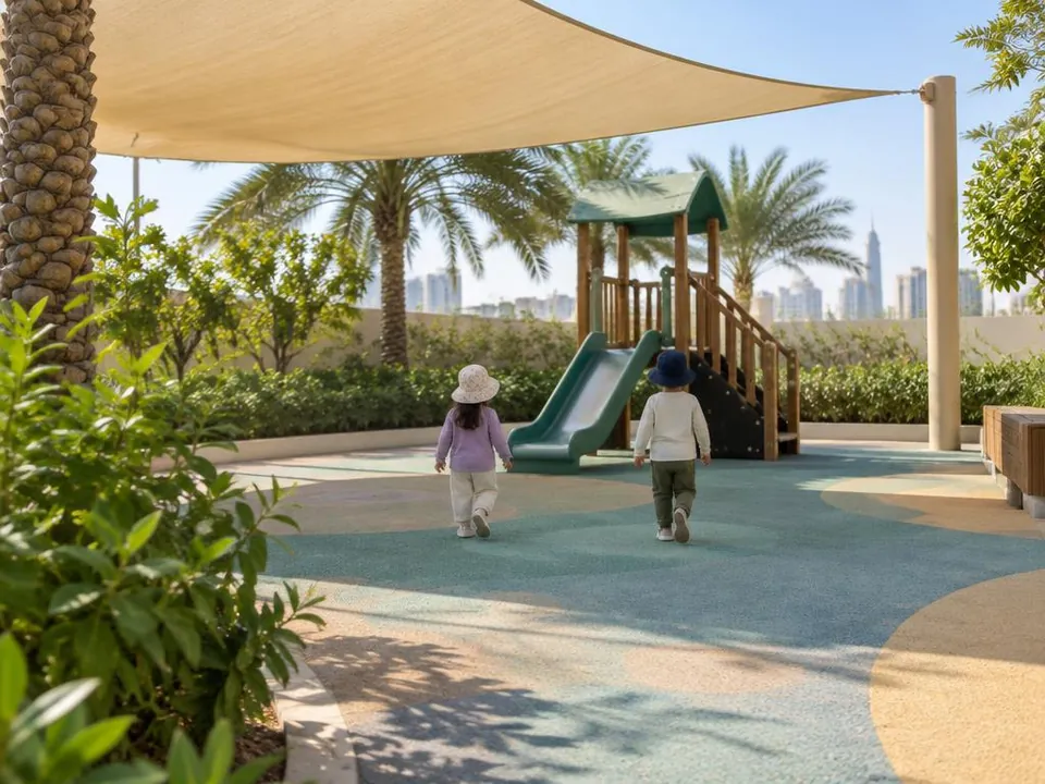 Illustrative image – two children seen from behind walking to a slide in a shaded outdoor play area