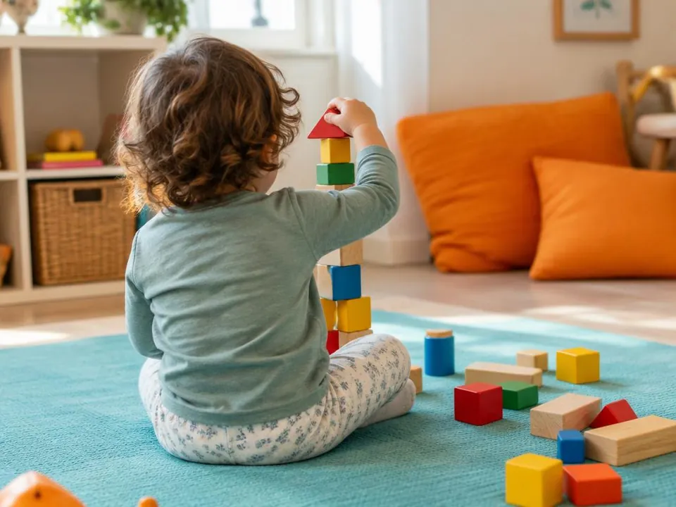 Illustrative image – toddler seen from behind building a block tower on a play mat