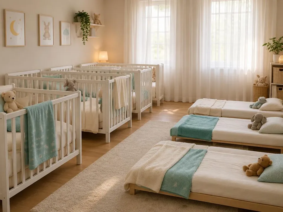 Illustrative image – calm nap room with white cribs and soft blankets