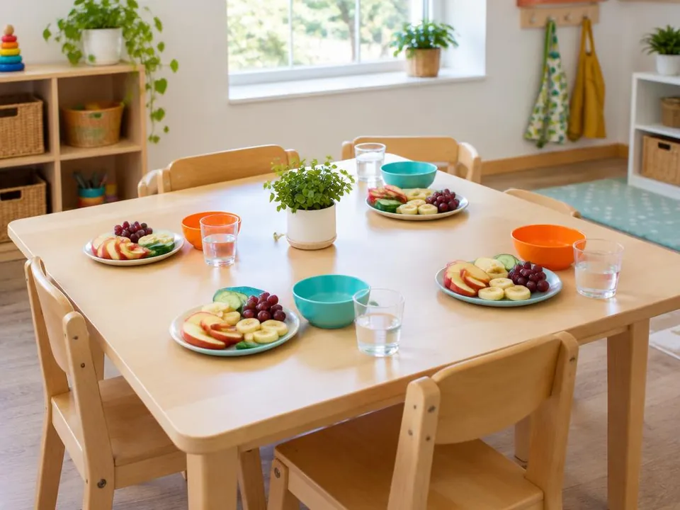 Illustrative image – child-size table set with sliced fruit and cups of water