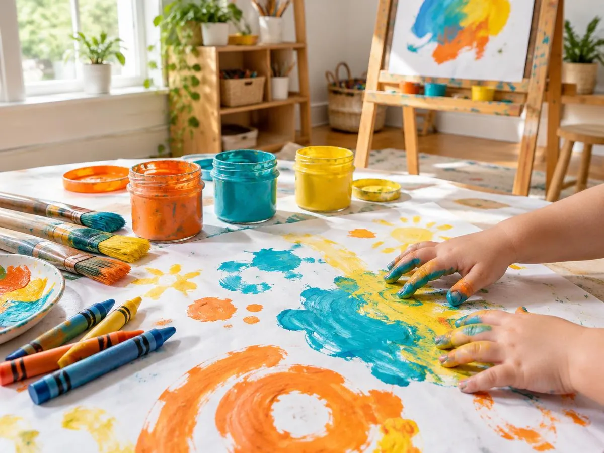Illustrative image – art table with paint pots, brushes and a child's painted hands