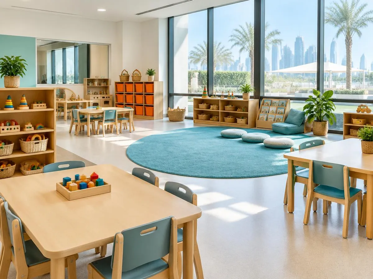 Illustrative image – bright classroom with low tables, toy shelves and a turquoise carpet circle