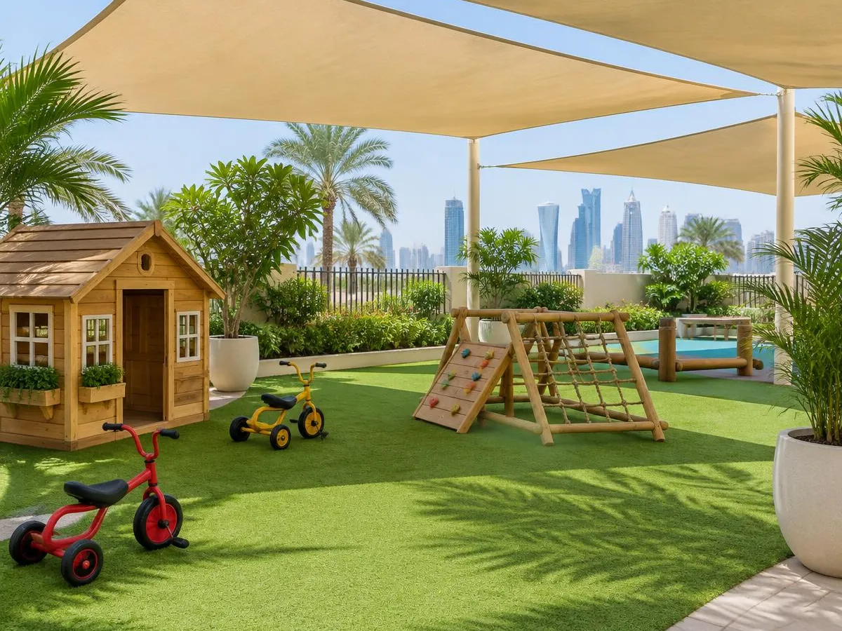 Illustrative image – shaded outdoor garden with a playhouse, tricycles and a climbing frame