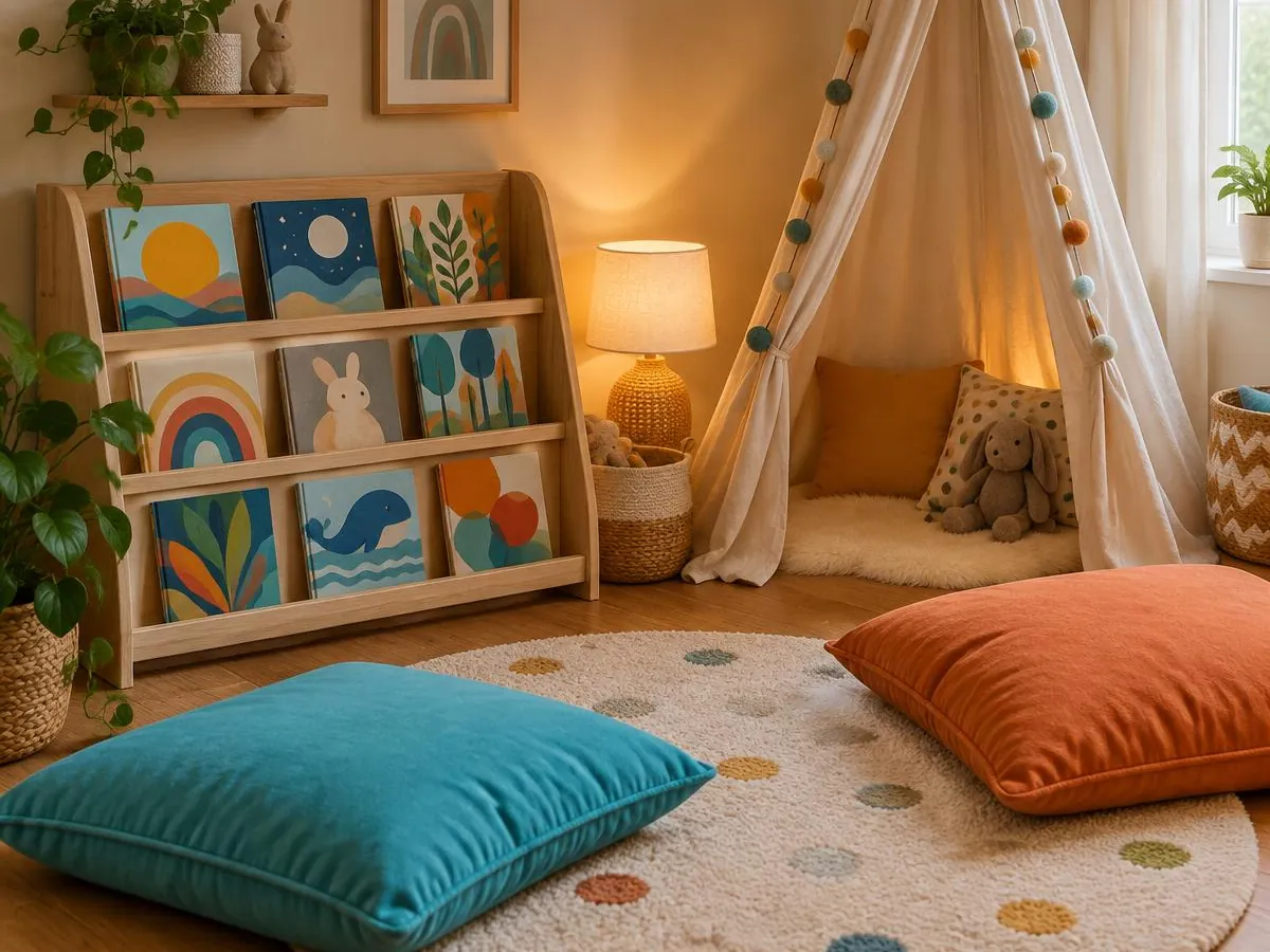 Illustrative image – cosy story corner with a picture-book shelf, floor cushions and a reading tent