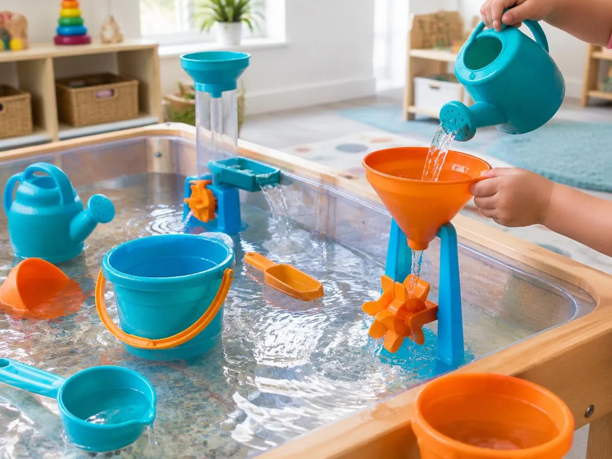 Illustrative image – water play table with buckets, funnels and watering cans