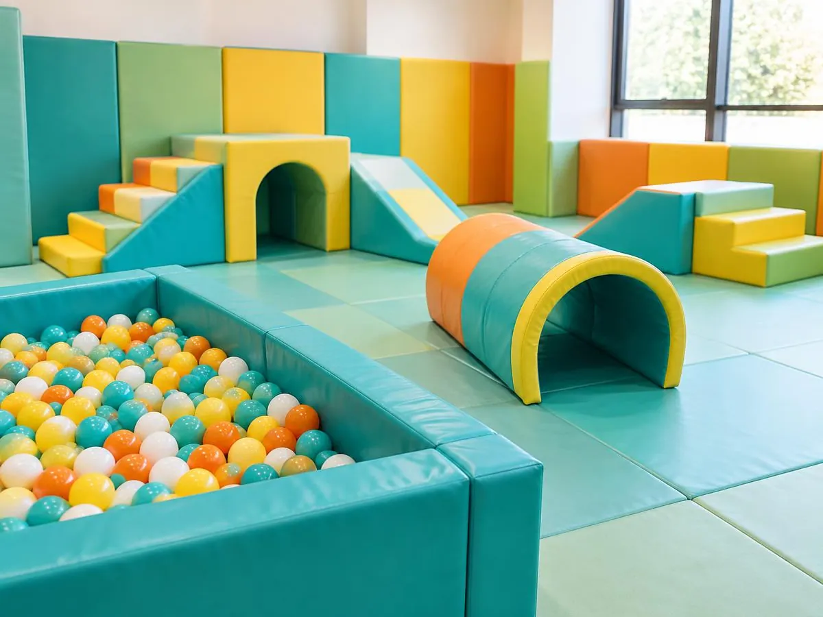 Illustrative image – indoor soft play room with foam blocks, a tunnel and a ball pit
