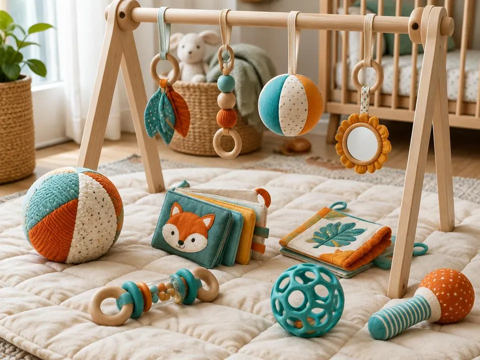Illustrative image – baby sensory play area with a wooden play gym, soft balls and cloth books