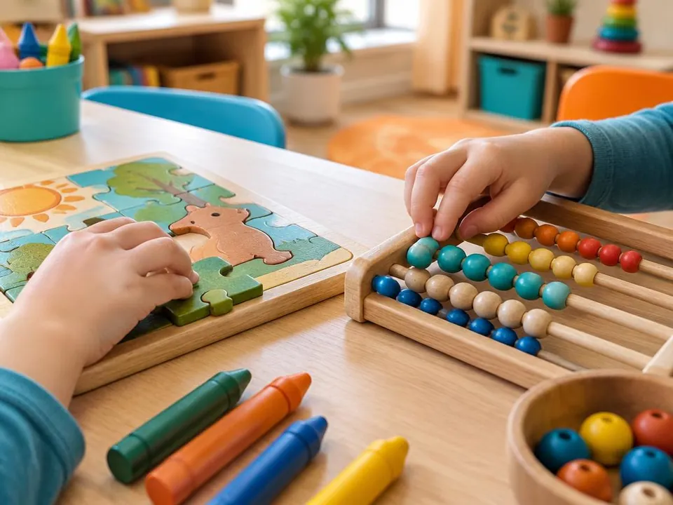 Illustrative image – child's hands doing a wooden puzzle and counting beads on an abacus