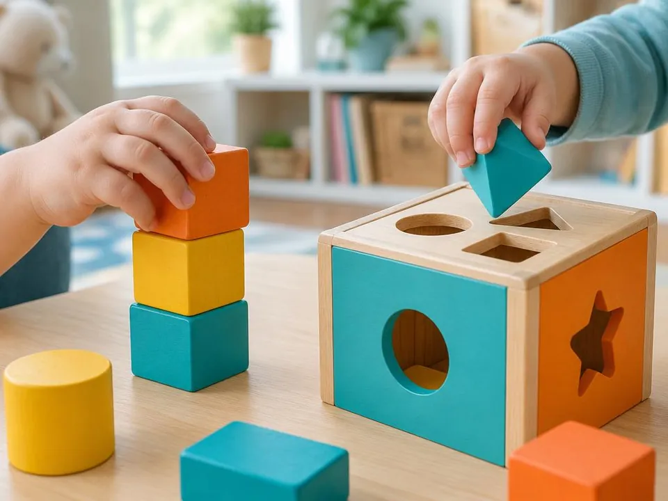 Illustrative image – toddler's hands stacking wooden blocks next to a shape sorter